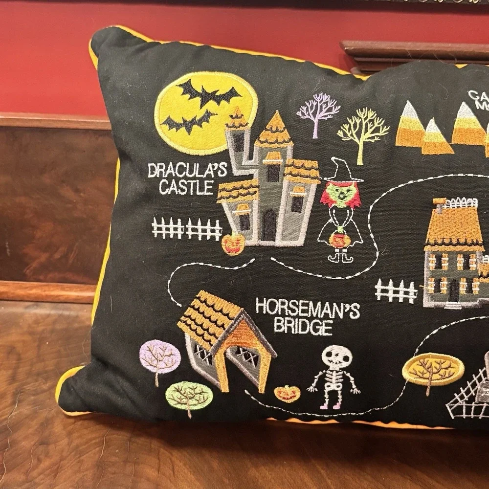 Isaac Mizrahi Halloween Pillow NWT‎ Embroidered Spooky Village Lumbar Black